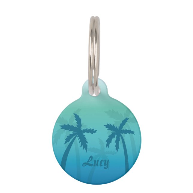 Aqua Blue Tropical Palmen mit Individuelle Name Haustiermarke (Vorderseite)