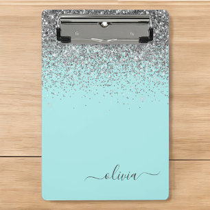 Aqua Blue - Türkis und Silber Glitter Monogramm Mini Klemmbrett