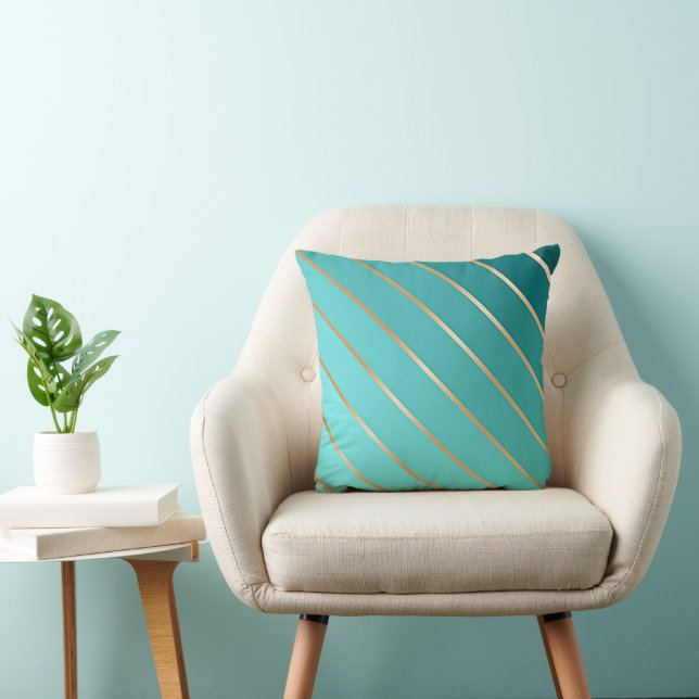 Aqua Blue Turquoise & Gold Stripe Ombre Akzent Kissen (Stuhl )