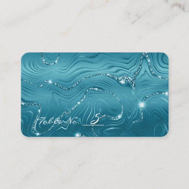 Aqua Blue Turquoise Marble Wedding Tischnummer Platzkarte (Vorderseite)