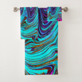 Aqua Blue und Black Groovy Abstraktes Retro Kunst, Badhandtuch Set