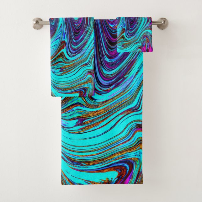 Aqua Blue und Black Groovy Abstraktes Retro Kunst, Badhandtuch Set (Insitu)