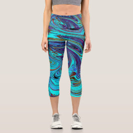Aqua Blue und Black Groovy Abstraktes Retro Kunst, Capri Leggings