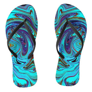 Aqua Blue und Black Groovy Abstraktes Retro Kunst, Flip Flops