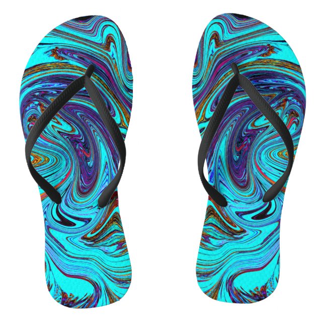 Aqua Blue und Black Groovy Abstraktes Retro Kunst, Flip Flops (Fußbett)
