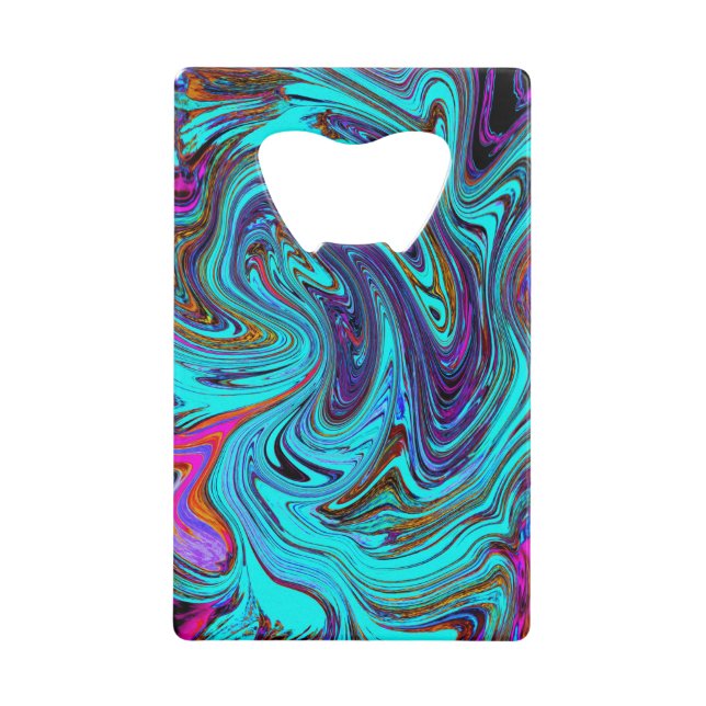 Aqua Blue und Black Groovy Abstraktes Retro Kunst, Geldbeutel Flaschenöffner (Vorderseite)