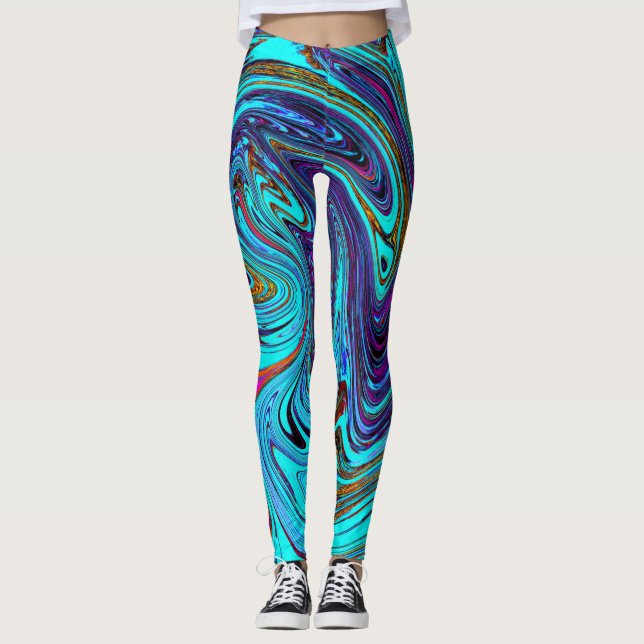 Aqua Blue und Black Groovy Abstraktes Retro Kunst, Leggings (Vorderseite)
