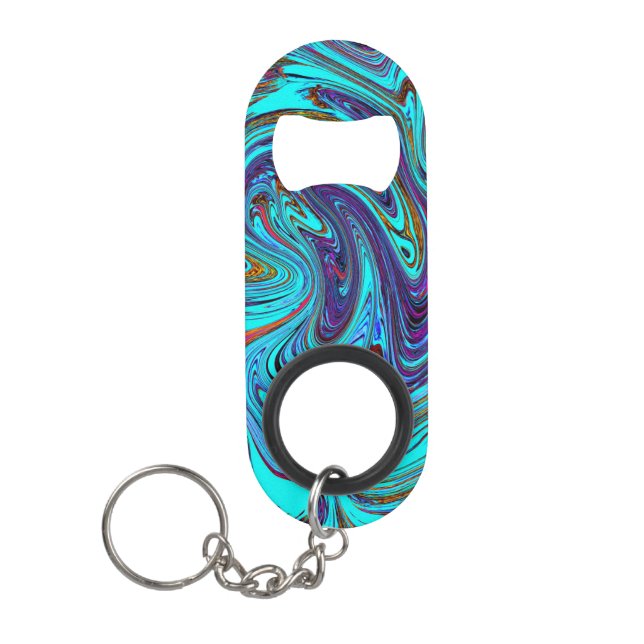 Aqua Blue und Black Groovy Abstraktes Retro Kunst, Mini Flaschenöffner (Vorderseite)