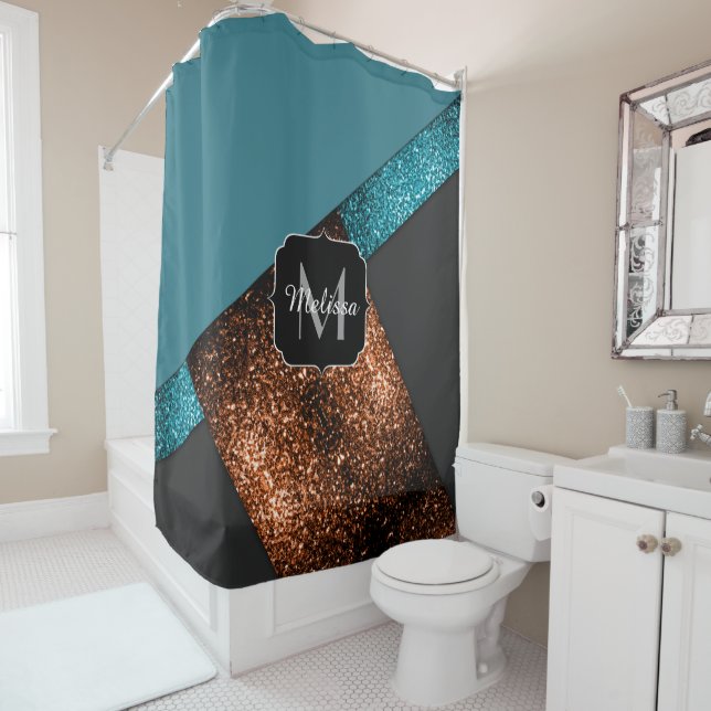 Aqua Blue und Bronze Glitzern Moderne Monogram Duschvorhang (Beispiel)
