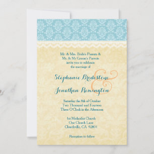 Aqua Blue und Gold Damask mit Lace Wedding A01 Einladung