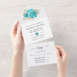 Aqua Blue und Gold Floral Wedding All In One Einladung
