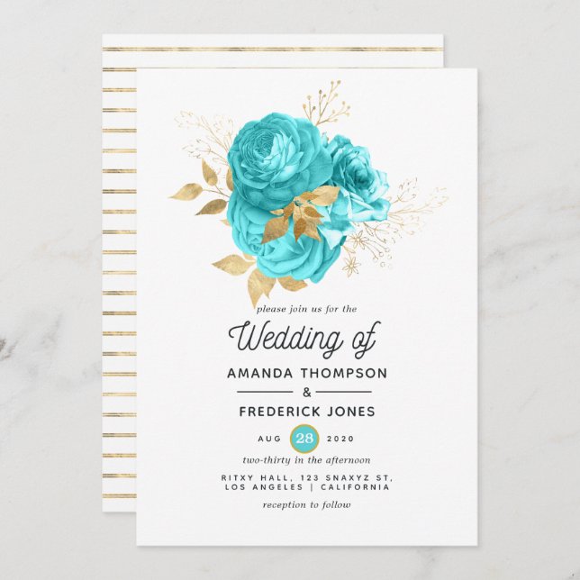 Aqua Blue und Gold Floral Wedding Einladung (Vorne/Hinten)