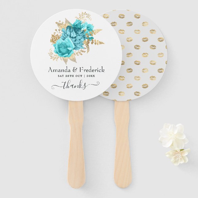 Aqua Blue und Gold Floral Wedding Fächer (Vorne und Hinten)