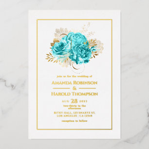 Aqua Blue und Gold Floral Wedding Folieneinladung