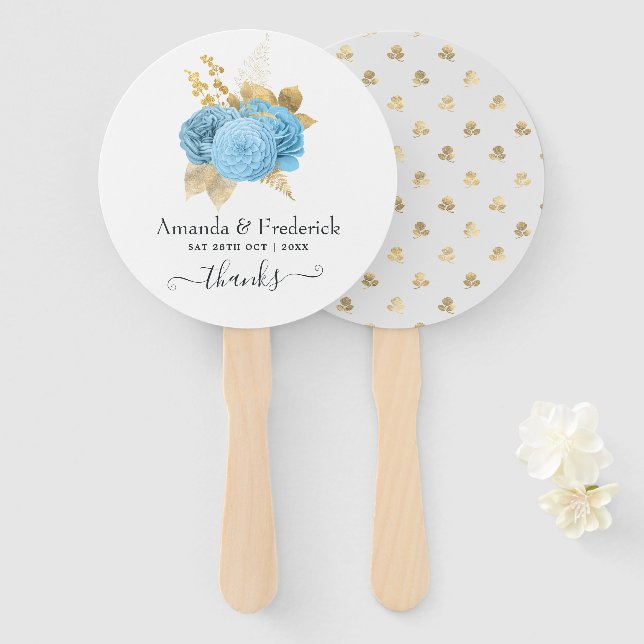 Aqua Blue und Gold Floral Wedding Hand Fan Fächer (Vorne und Hinten)