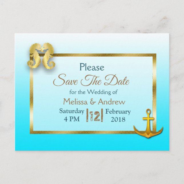 Aqua Blue und Gold Save the Date Postkarten (Vorderseite)