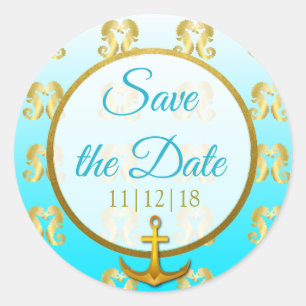 Aqua Blue und Gold Seepferd Save the Date Stickers