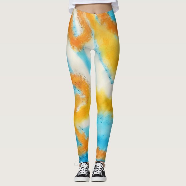 Aqua Blue und Gold Wasserfarben Leggings (Vorderseite)