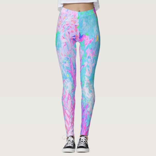 Aqua Blue und Hot Pink Hydrangea Landschaft Leggings (Vorderseite)