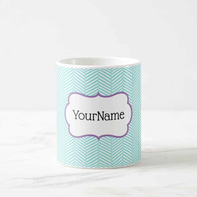 Aqua Blue und Lavender Lila Zickzack Name Kaffeetasse (Mittel)