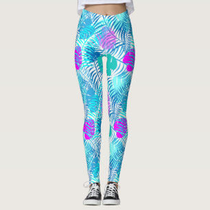 Aqua Blue und Pink Tropenleaf Gemustert Leggings