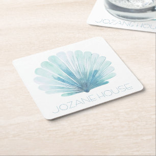 Aqua Blue und White Coastal Seashell Personalisier Rechteckiger Pappuntersetzer