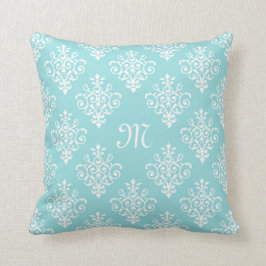 Aqua Blue und White Damask mit Monogram Kissen