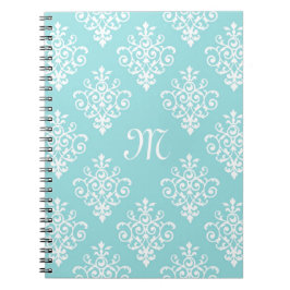 Aqua Blue und White Damask mit Monogram Notizblock