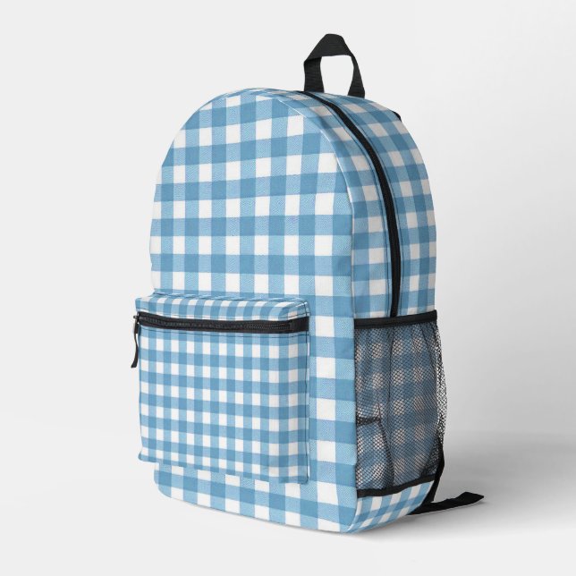 Aqua Blue und White Gingham Print Bedruckter Rucksack (Rückseitige Ecke Rechts)