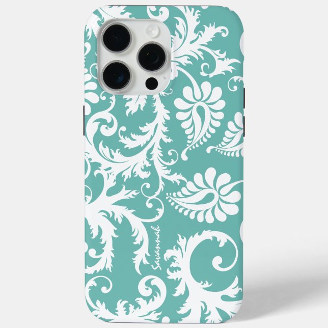Aqua Blue und White Personalisiert Damask Case-Mate iPhone Hülle (Rückseite)