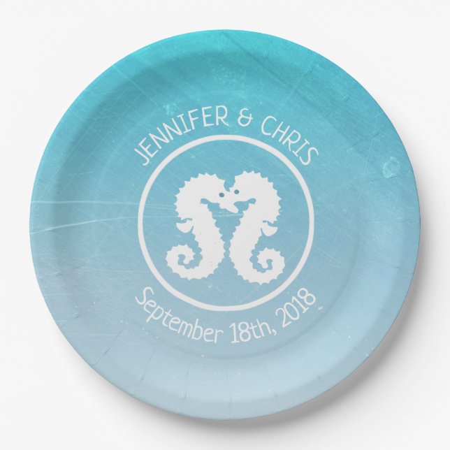 Aqua Blue und White Seepferd Paper Teller (Vorderseite)