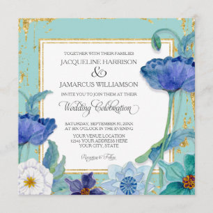 Aqua Blue und White Water Color Floral Gold Frame Einladung