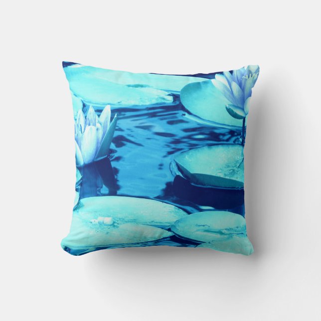 Aqua Blue Wasserlilie Throw Kissen Art 1 (Vorderseite)