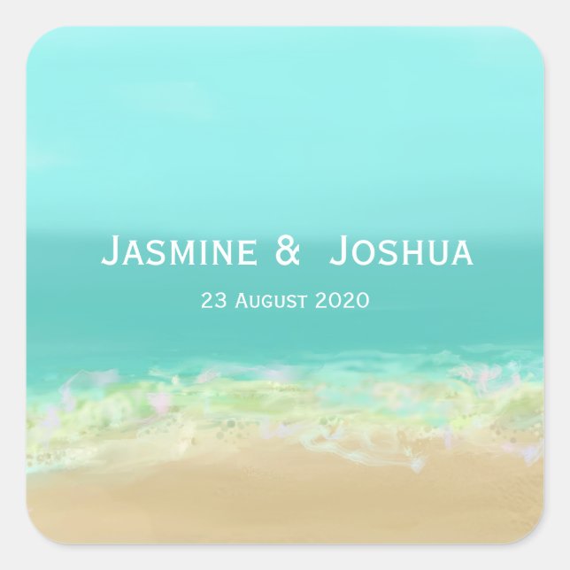 Aqua Blue Water/bemalte Strandküste personalisiere Quadratischer Aufkleber (Vorderseite)
