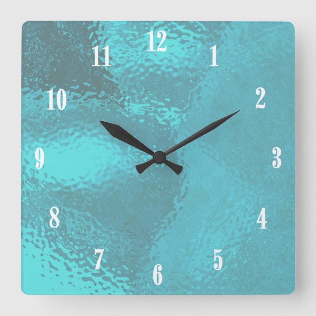 Aqua Blue Water w White Numbers Quadratische Wanduhr (Vorderseite)