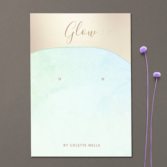 Aqua Blue Watercolor Gold Script Earring Display Visitenkarte (Von Creator hochgeladen)