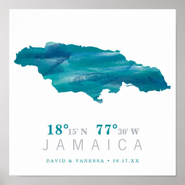 Aqua Blue Watercolor JAMAICA Karte Koordinaten Poster (Vorne)