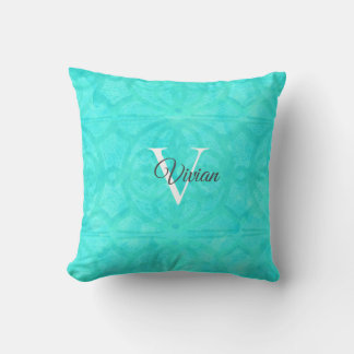 Aqua Blue Watercolor Monogram Name Throw Pillow Kissen