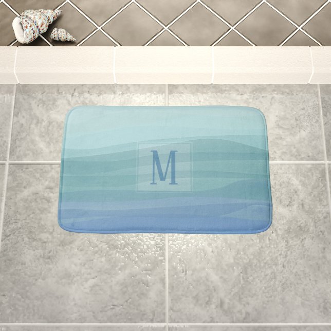 Aqua Blue Watercolor Waves Monogram Bath Mat Badematte (Serene aqua blue watercolor waves bath mat with your initial. Available in 3 sizes. S, M & L)
