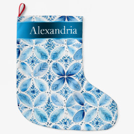 Aqua Blue White Batik Floral Weihnachtsname Großer Weihnachtsstrumpf