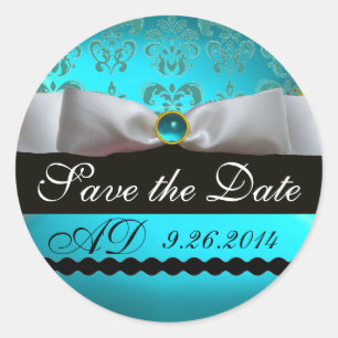 AQUA BLUE WHITE DAMASK RIBBON MONOGRAM Gemstone Runder Aufkleber
