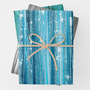 Aqua Blue White Glam Tinsel Stripes Geschenkegel Geschenkpapier Set
