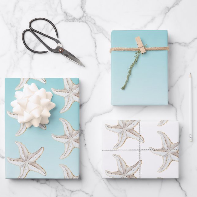 Aqua Blue White Gold Starfish Beach Brautparty Geschenkpapier Set (Vorderseite)