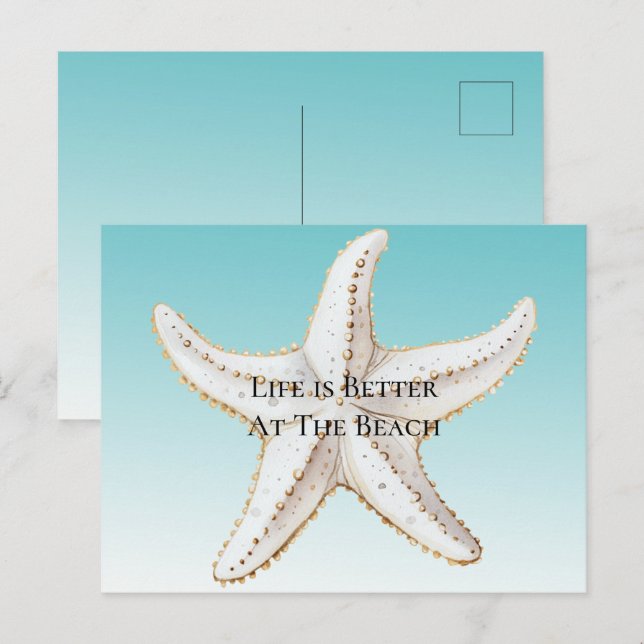 Aqua Blue White Gold Starfish Beach Postkarte (Vorne/Hinten)