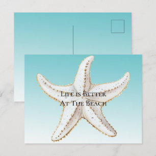 Aqua Blue White Gold Starfish Beach Postkarte