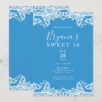 Aqua Blue & White Lace Elegant Sweet 16 Party Einladung