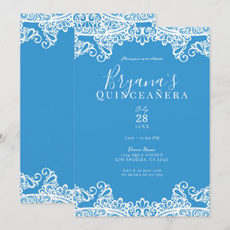 Aqua Blue & White Lace Elegantes Quinceñera Party Einladung