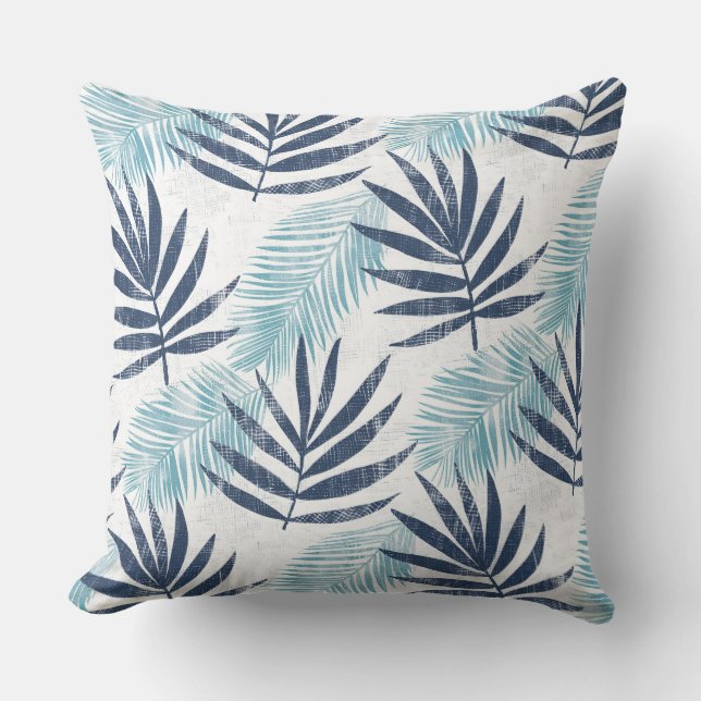 Aqua Blue White Palm Leaf Throw Kissen (Vorderseite)