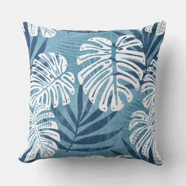 Aqua Blue & White Palm Leaf Throw Kissen (Vorderseite)