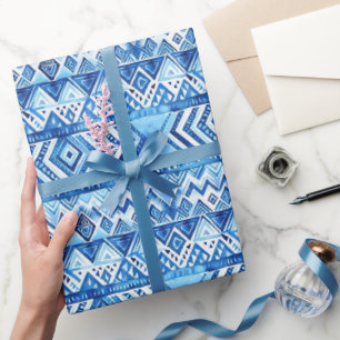 Aqua Blue White Tribal Stripes Birthday Geschenkpapier
